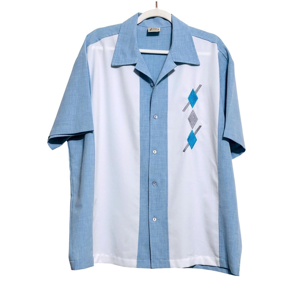 Lucky Paradise Mens XL Bowling Shirt Light Blue White Retro Rockabilly USA Made